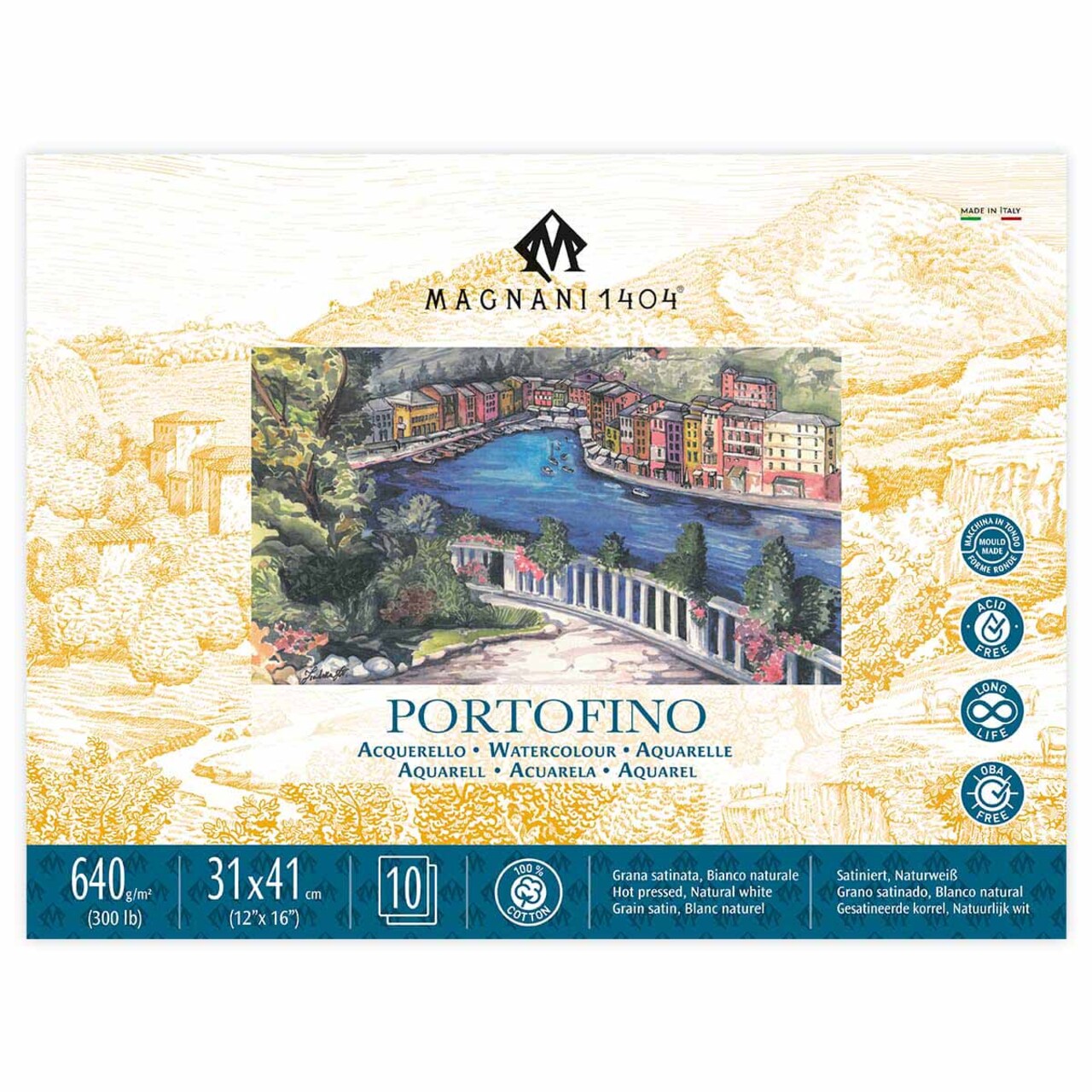 Magnani 1404 Toscana Rough 100% Cotton Watercolor Paper Block, 10 Sheets, 300 lb, Acid-Free, UV Resistant, Vegan Sized Water Color Paper for Artists, Made in Italy